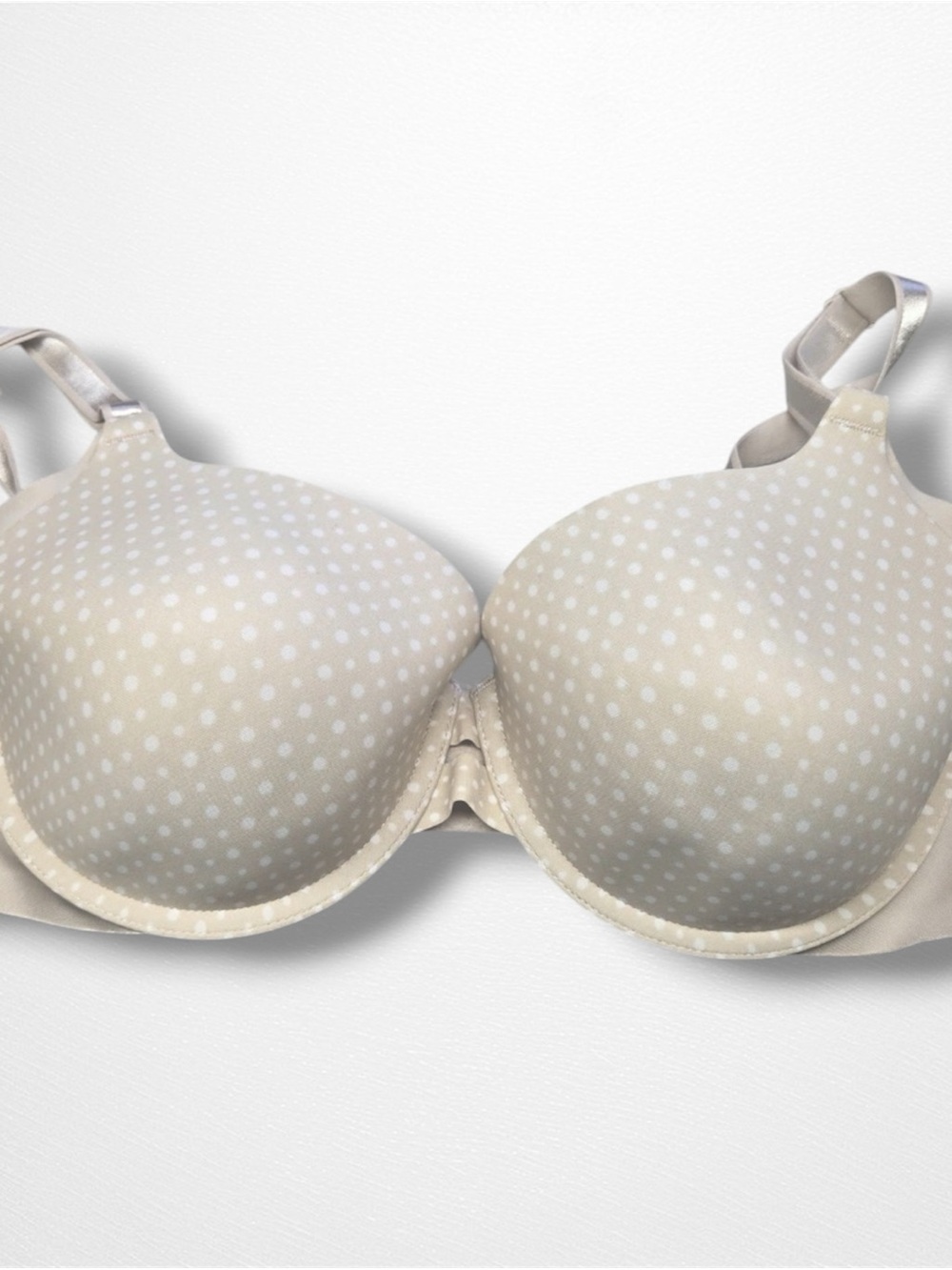 Warners No Side Effects Bra 34D Beige White Polka Dots Underwire Lightly Lined